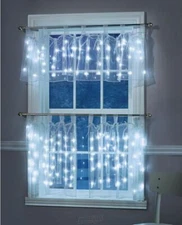 Illuminated Sheer Cafe Curtain Set White 2 Panels White LED Christmas Lights