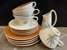 13 HARVEST TIME 4 Plates Cups Saucers 1 Creamer IROQUOIS Ben Seibel MCM Retro