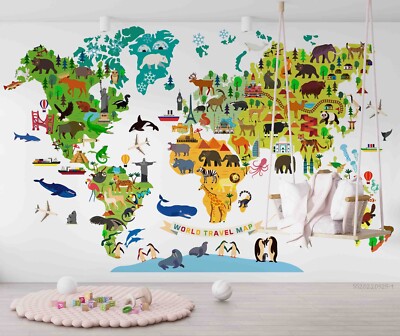 3D Cartoon World Map Wallpaper Wall Mural Removable Self-adhesive 141
