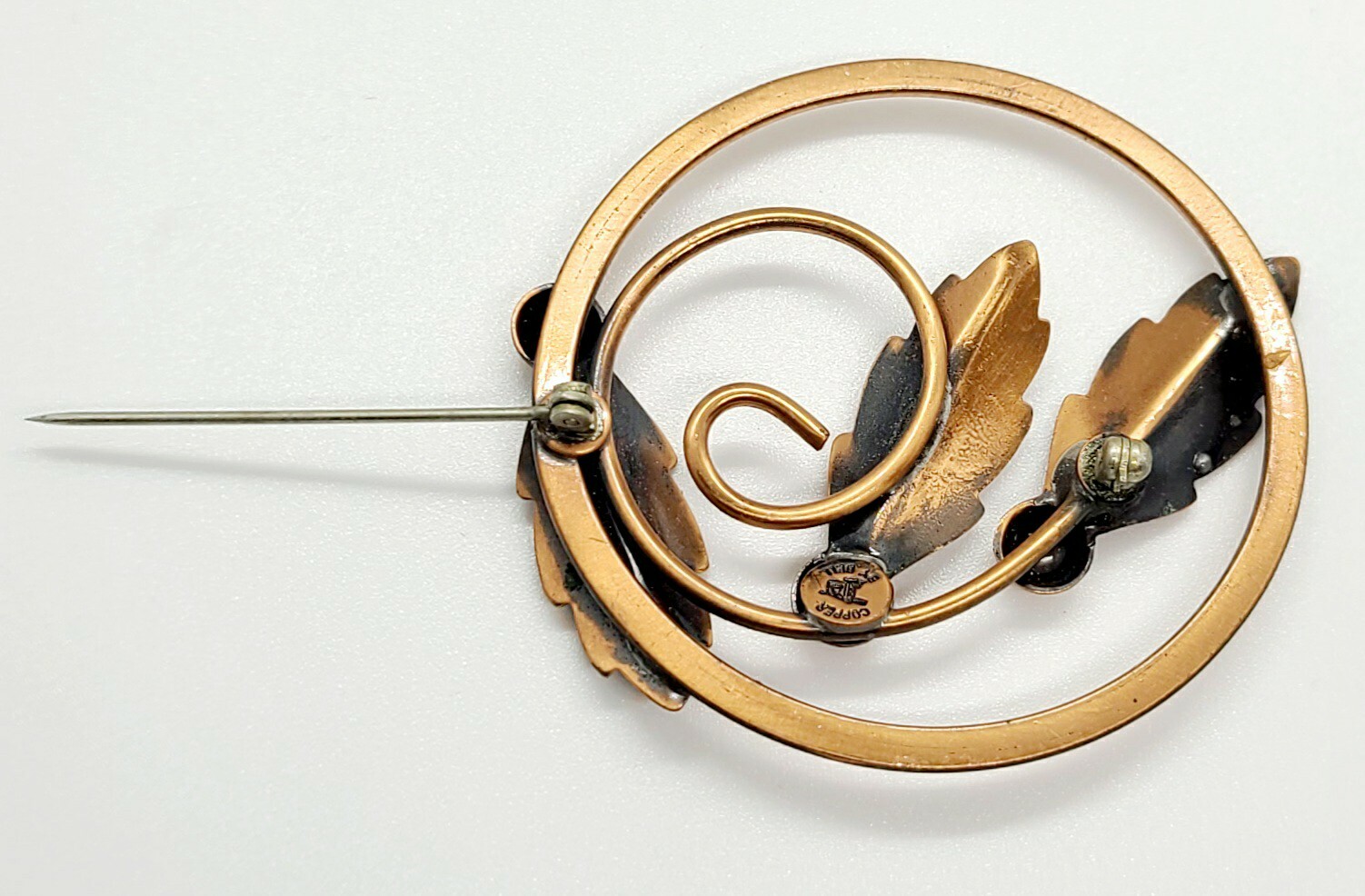 VINTAGE SOLID COPPER SIGNED BELL COPPER LEAF BROO… - image 3