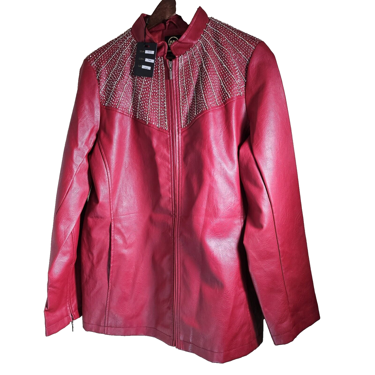 Ameri Mode Red Faux Leather Women's Jacket with Rhinestone Accent
