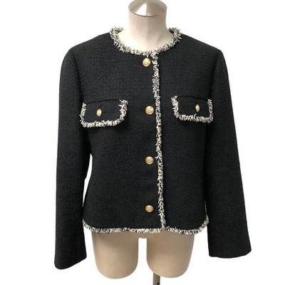 Loft Tweed Jacket Womens Large Black White Fringe Gold Button Professional