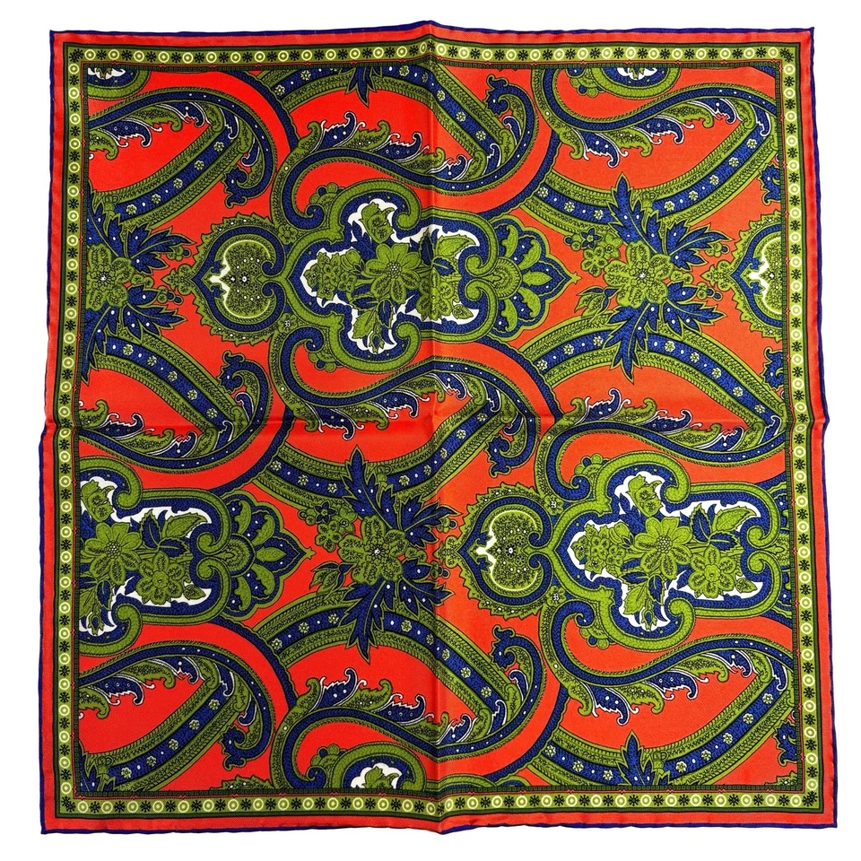 Cuadrado de bolsillo de seda con motivo floral naranja y verde (enrollado a mano en Inglaterra) Foto 4 de 4