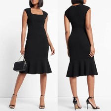NWT Express Square Neck Peplum Midi Sheath Dress stretch fitted ruffle black L