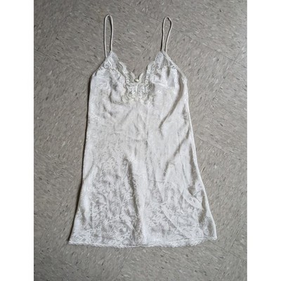 Vintage 80s Miss Diva Lace Trim Satin Chemise Nightgown Ivory White Floral Slip
