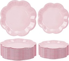 50 Pcs Light Pink Paper Plates 25  7'' and 25  9'' Disposable Scalloped Pink