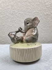 Quon Quon Ceramic Mommy Baby Elephant Music Box 6"  Tall Working