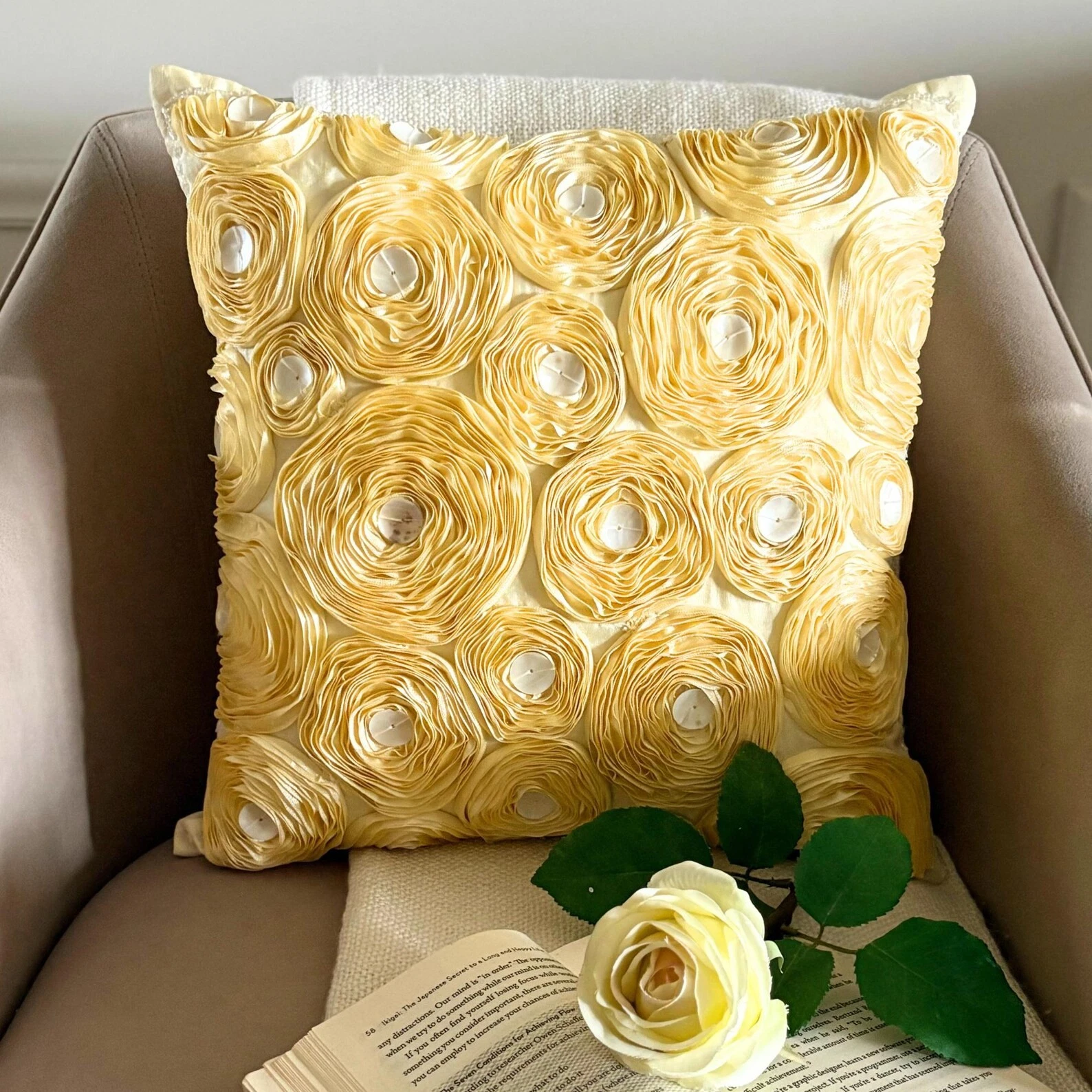 Couch Cushion Case Gold 16"x16", Square Silk Floral Modern - Gold Garden