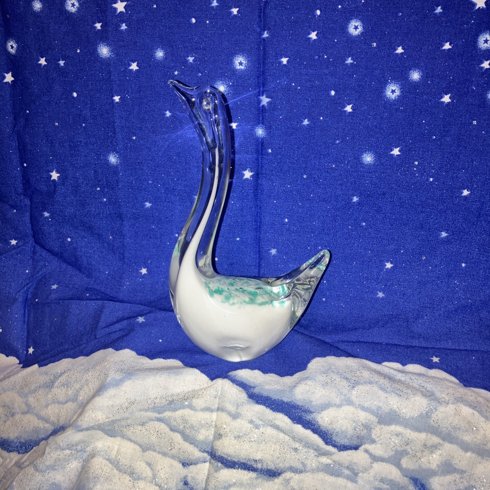 Vintage Murano Style Hand Blown Art Glass Teal Speckled 6" Swan Paper Weight