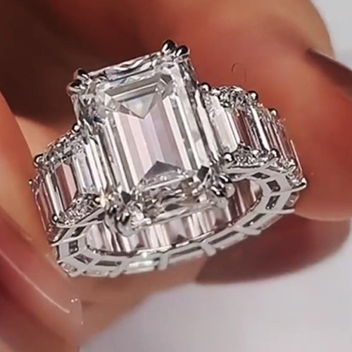 17.30 TWC Emerald Moissanite Full Eternity Engagement Ring 14k White Gold Plated