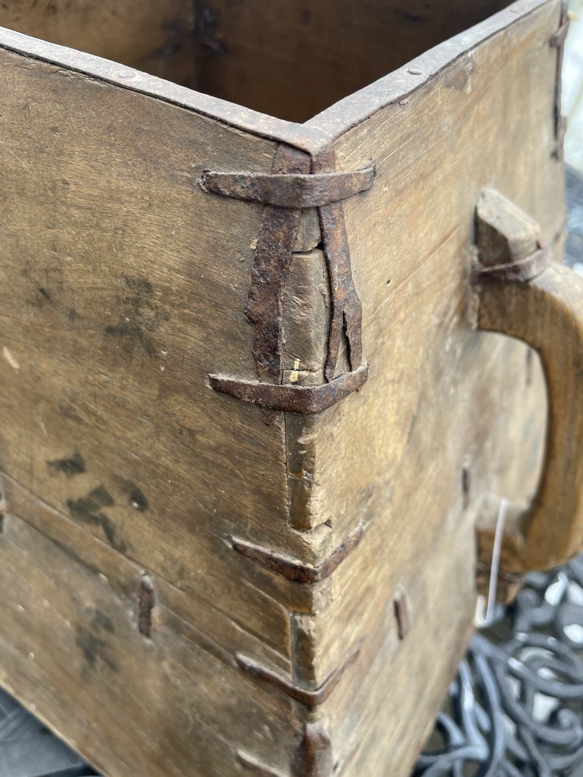 Antique Chinese Wooden Rice Bucket Pail Grain Carrier w/ Iron Bands Orig Writing