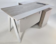 Modern Corner Office Desk with Metal Leg and Desktop Power - Oak & Beige Oatmeal