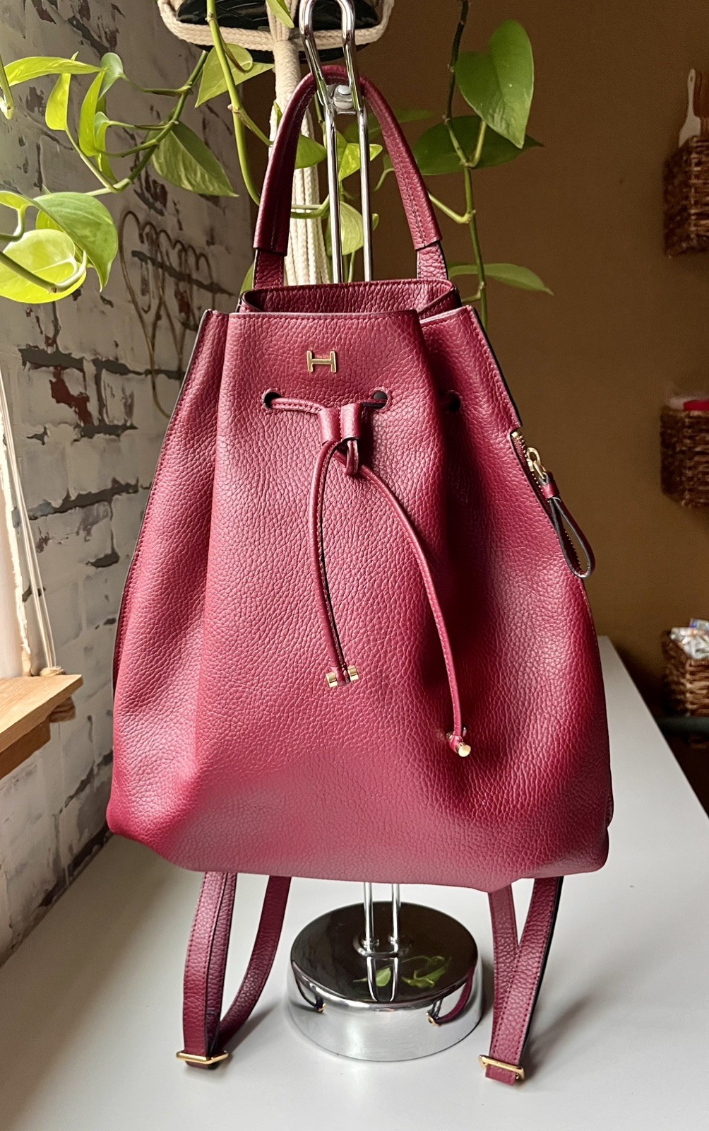 Halston Maroon Leather Drawstring Backpack with G… - image 7
