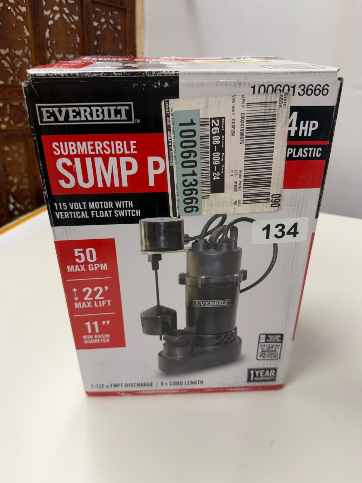Everbilt 1/4 HP Thermoplastic Submersible Sump Pump Vertical Switch HDSP25V.