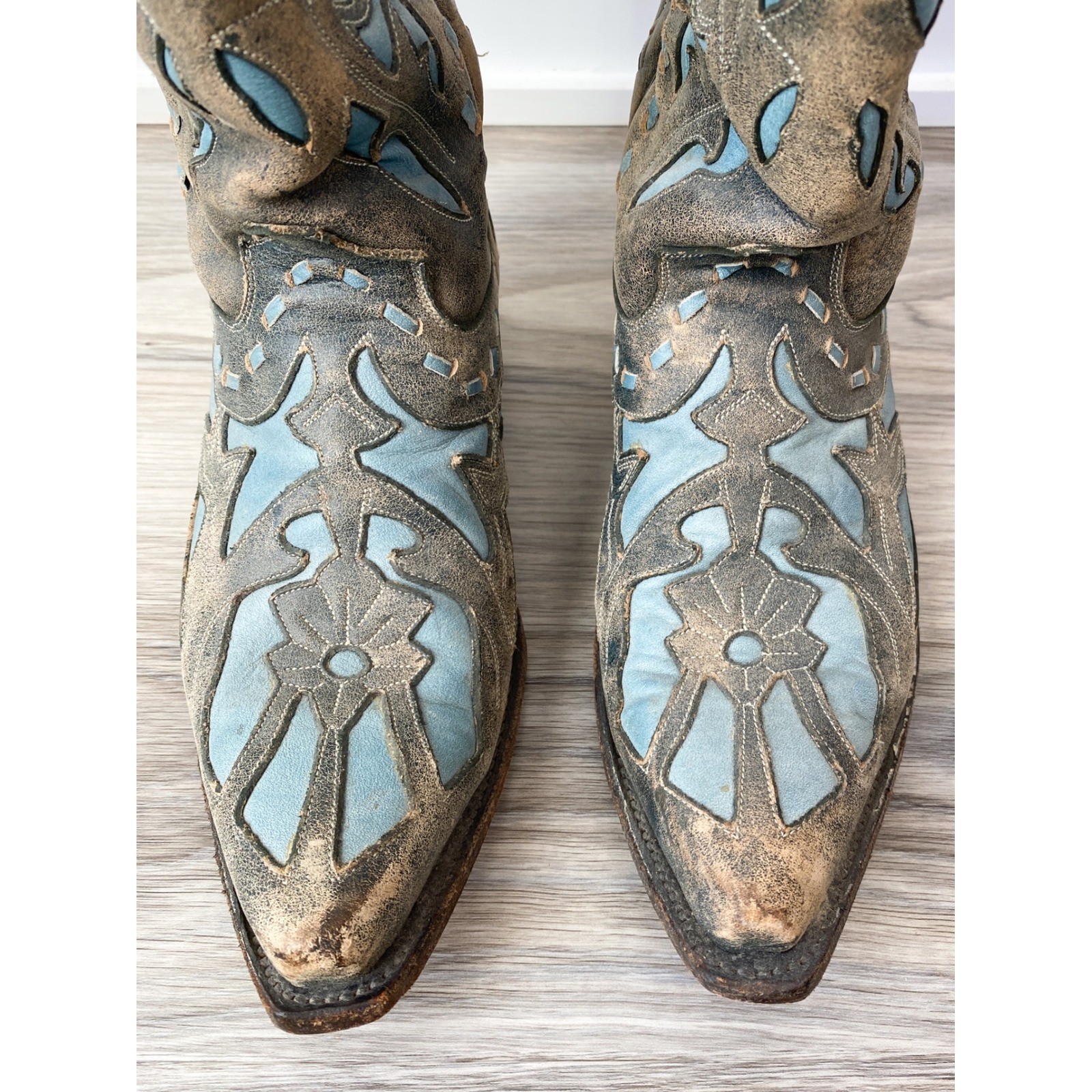 Lane Jolene Tooled Inlay Floral Snip Toe Tall Cowboy Boots 7 Blue Grey Western image 4