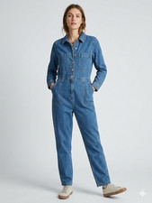 M&S Denim Jumpsuit 14 M Blue Utility Cropped Leg Button Front Cotton M Spencer