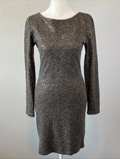Alice + Olivia Sequined Long Sleeve Mesh Back Dress Taupe Size XS