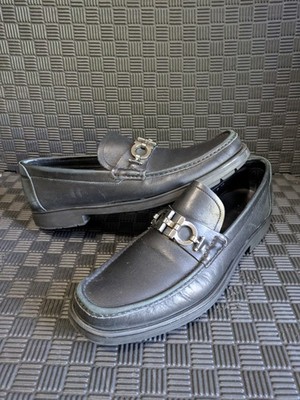 $1150 Salvatore Ferragamo Mens RAGUSA Black Shoes Gancini Silver Bit Loafers 10
