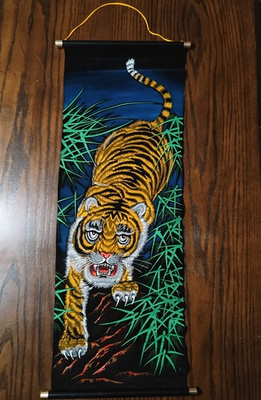 #ad #ad Vintage Painted Tiger Wall Scroll Black Velvet Hanging Japan Poster Art Decor $23.76