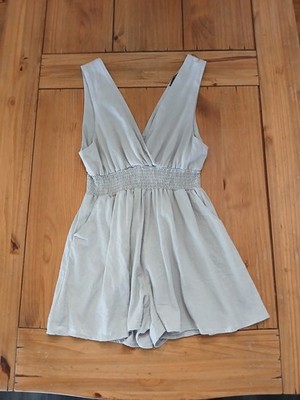 Final Touch Tan Linen Blend Romper L Cottage Boho Beach Prairie Festival Neutral