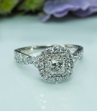 Vintage 14K White Gold Double Halo Split Shank Diamond Engagement Ring