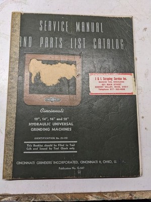 CINCINNATI SERVICE MANUAL PARTS LIST CATALOG 12 14 16 18  GRINDING MACH ER 1946