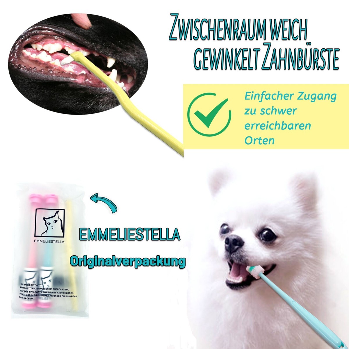 3er Set Haustier-Zahnbürsten Mit Langem Griff & Doppeltem Bürstenkopf – Für Hunde & Katzen, 360° Drehbar, Zur Mundhygiene
