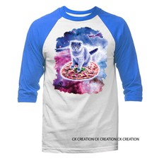 Image of Gray Cat Riding Whole Pizza Animal Funny Joke Humor Humorous 3/4 Sleeve Raglan