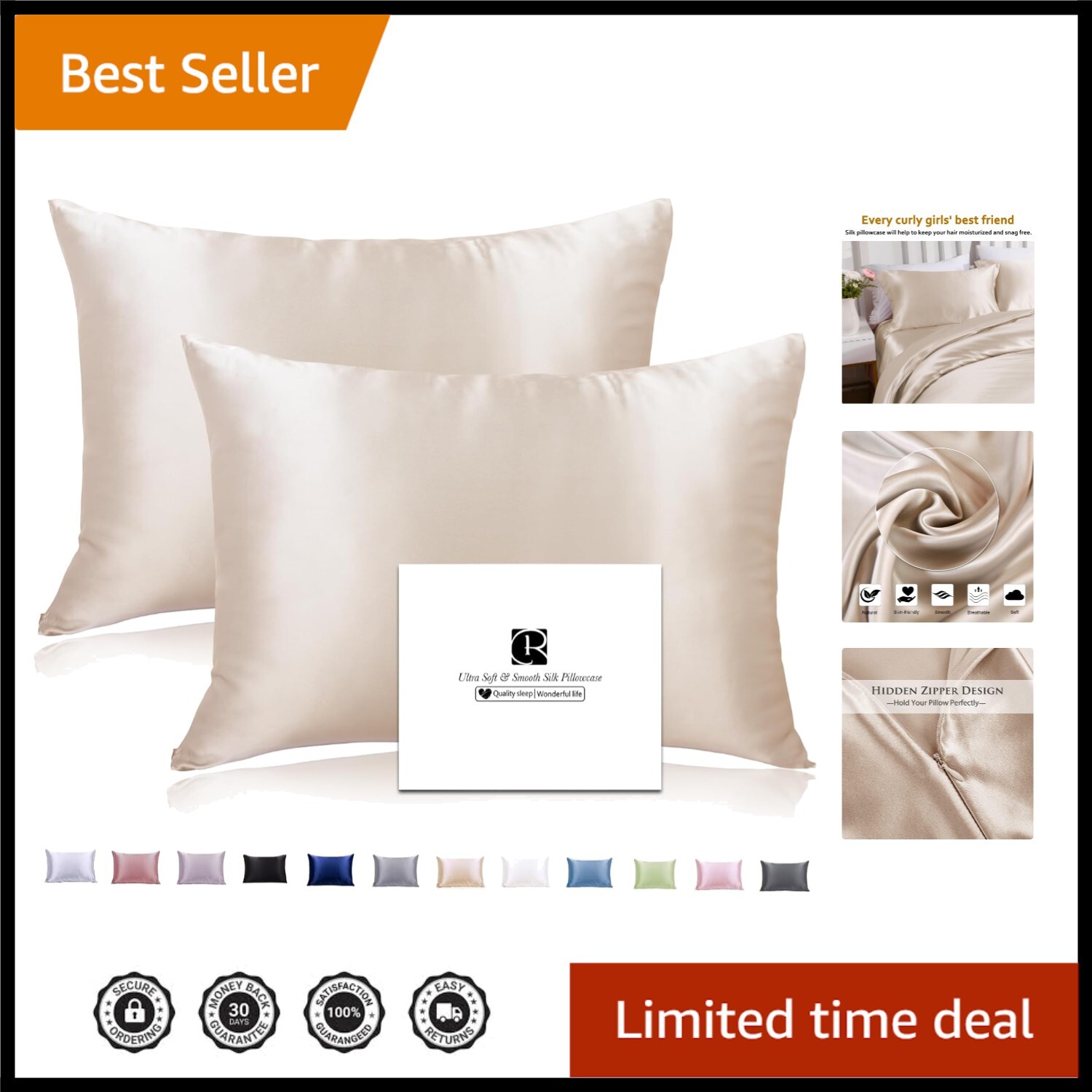 Standard Silk Pillowcase Set 20x26in - Reduce Bed Head & Wrinkles in Beige-image