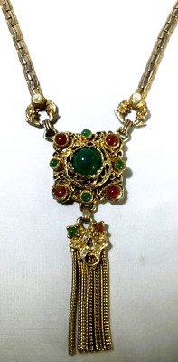 Vintage Kramer Victorian Revival Peking Glass Dragon Tassel Necklace