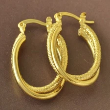 New Yellow Gold Filled Shiny & Textured Double Twisted Band Oval Hoop Earrings