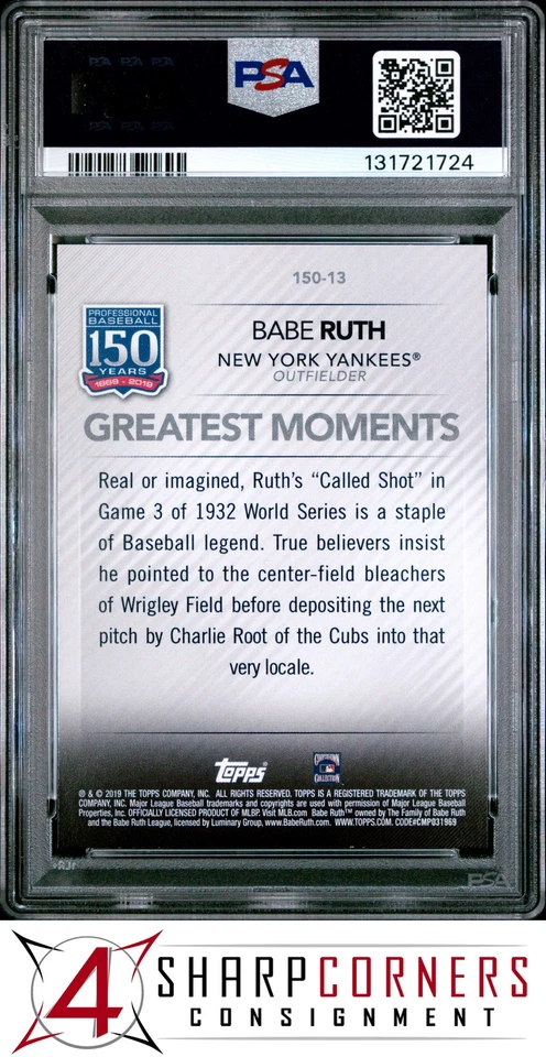 2019 TOPPS 150 YEARS OF PROFESSIONAL BASEBALL #13 BABE RUTH HOF POP 1 PSA 10 - Image 2 of 3