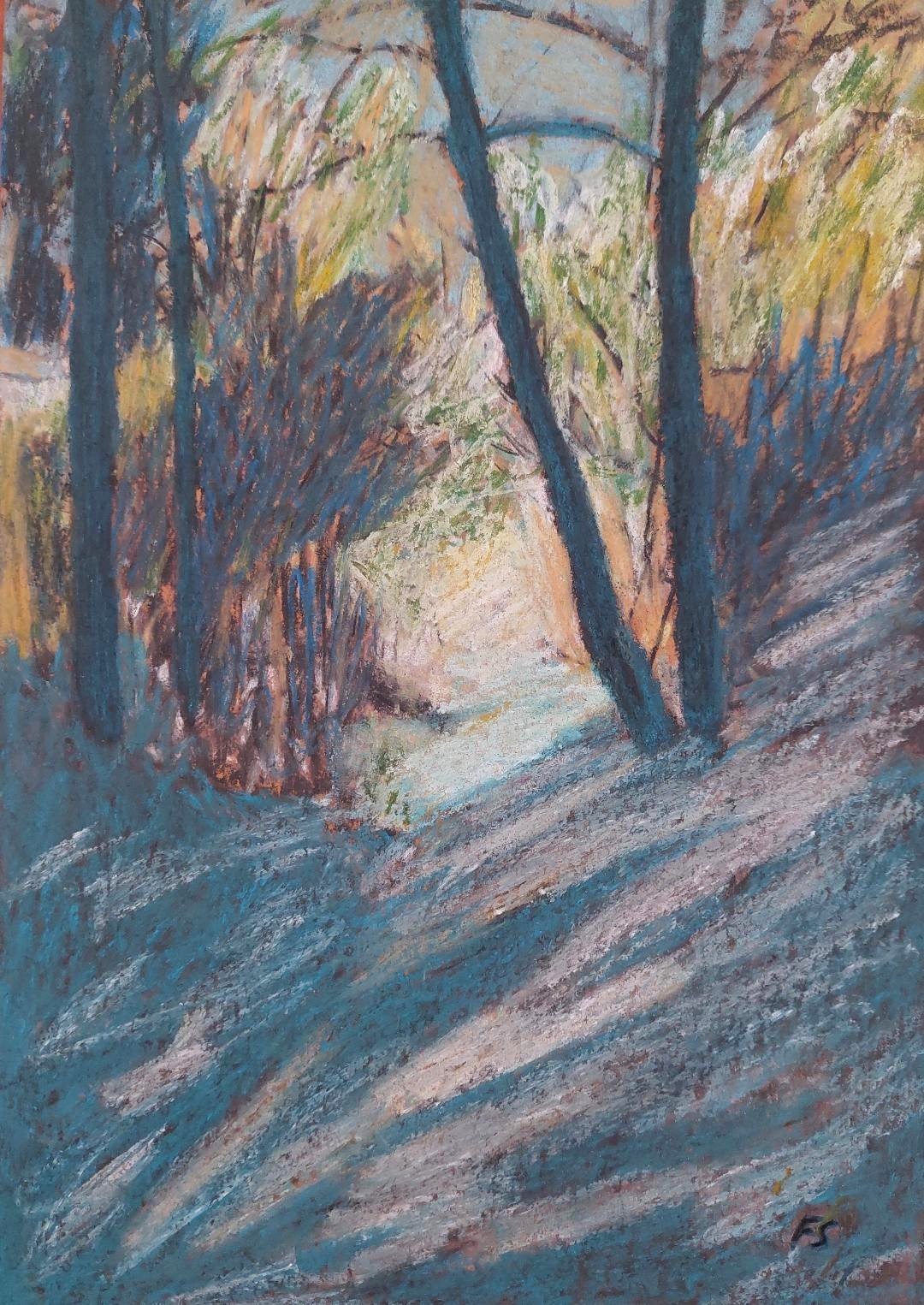Dibujo de paisaje pastel original directo del artista - La sombra de los árboles