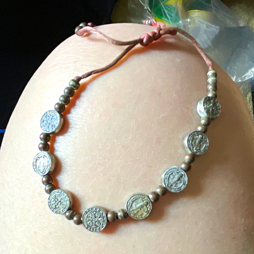 Silver Tone Coin Bead Medallion Bracelet Brown Leather Cord Tie Adjustable