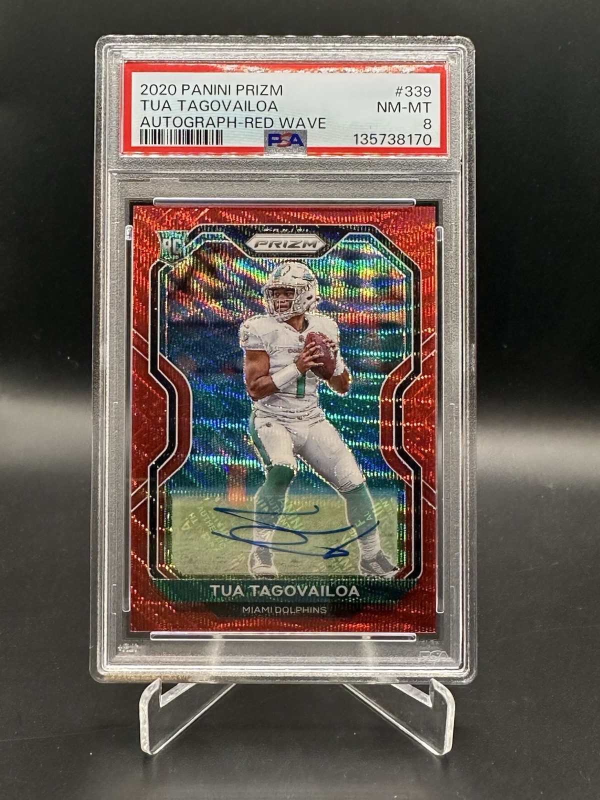 2020 Panini Prizm Rookie Tua Tagovailoa #339 Red Wave Auto /149 Dolphins PSA 8