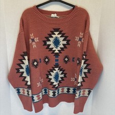 Women’s Sweater Large Aztec Print Pink Cozy Vintage Style Vanilla Bay