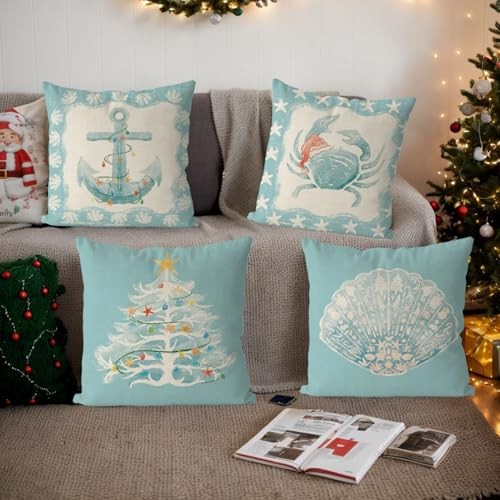 Christmas Pillow Covers Coastal Beach Christmas Decor Retro Xmas Throw 18"x18"
