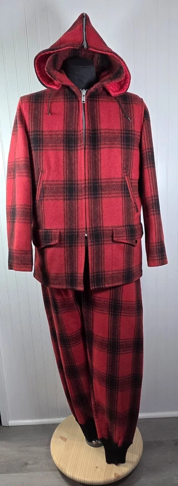 Foremost 1950s Red Buffalo Plaid Wool Hunting Coat & Pants W/Suspenders Mens L - Image 2 of 4