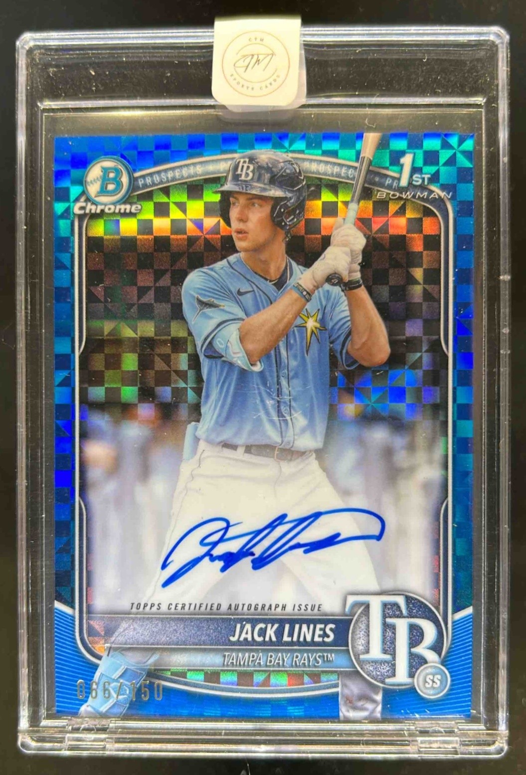 2025 Bowman Jack Lines Chrome Auto Blue X-Fractor 1st Prospect #/150 Rays