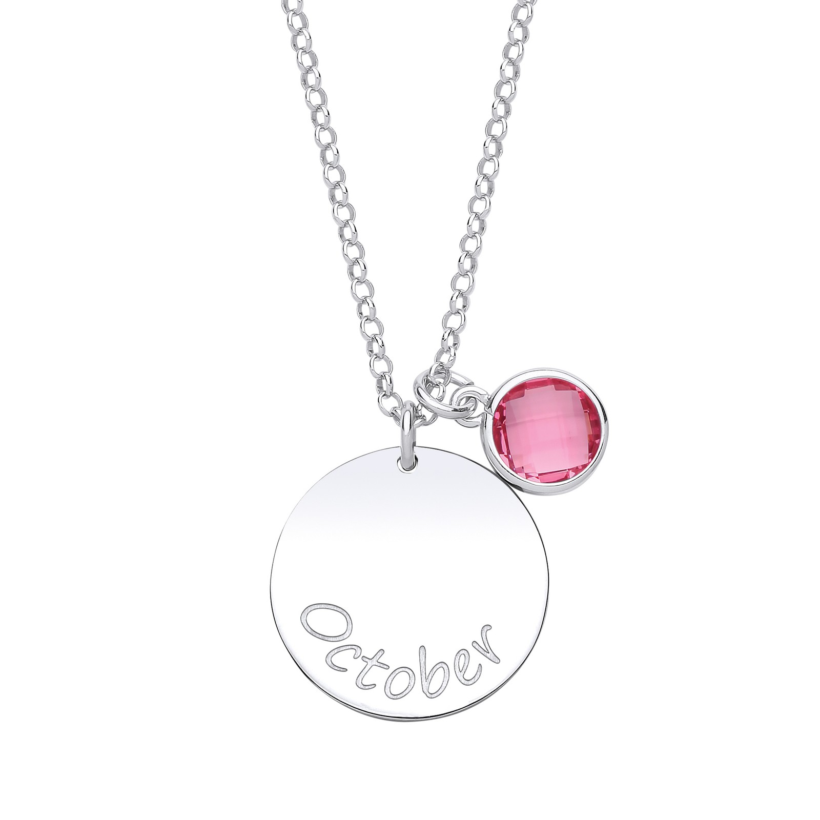 Silver Jewelco London Pink CZ Birthstone October Round Tag Necklace 16