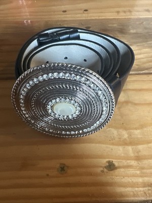 Chico's Black Adjustable Belt Crystal Silver Buckle Bling S/M