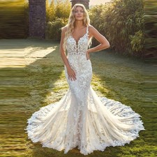 Sexy Mermaid Wedding Dresses Spaghetti Straps Lace Appliques Train Bridal Gowns
