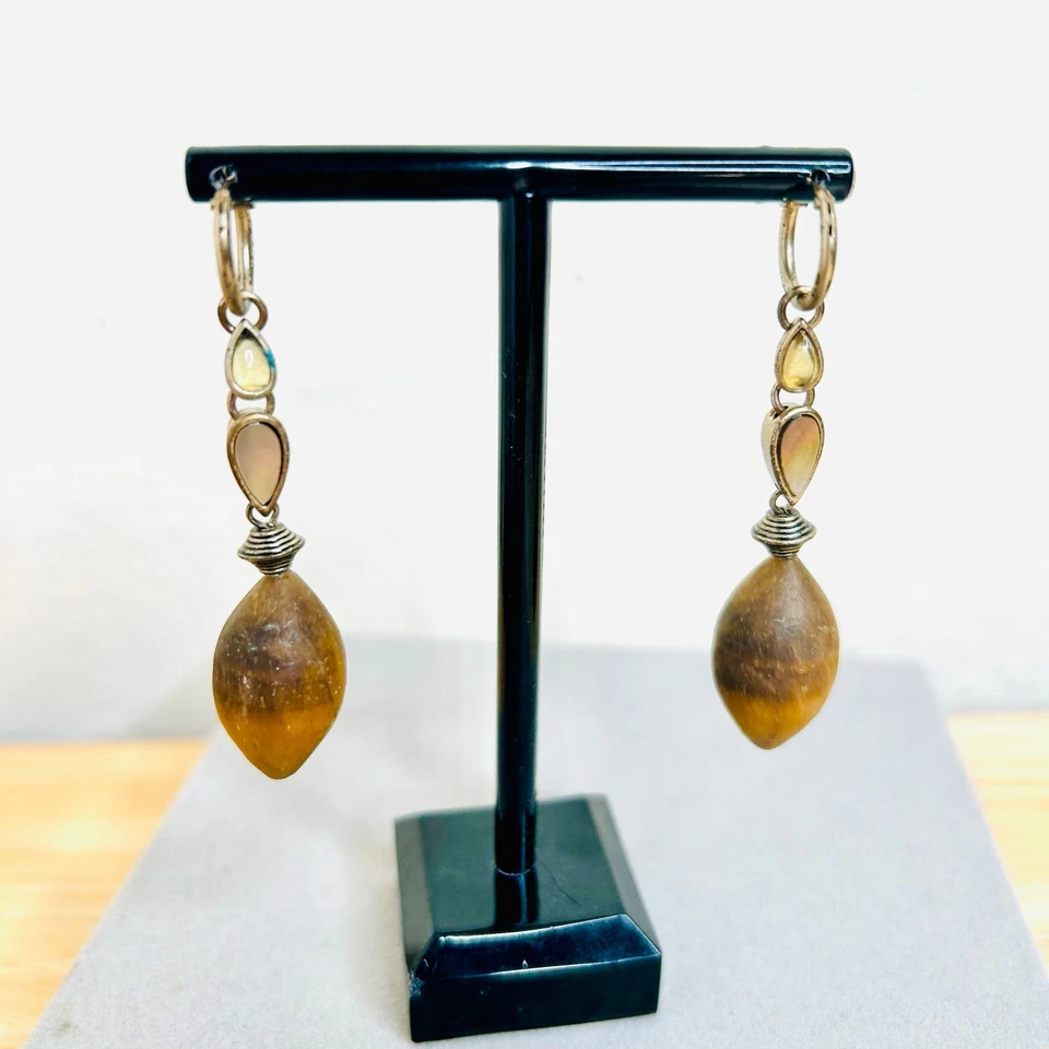 Tigers Eye Stone Mother of Pearl Gold Tone Dangle Earrings Vintage - Image 2 of 3