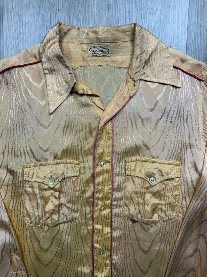 30s Vintage Miller Western Wear Shirt Men’s Medium Wood Grain Orange Silk RARE - Image 3 of 4