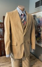 Vintage 1970s Western Tan Corduroy 3 Piece Suit Vest Jacket Sz 40 Pants 33 x 31