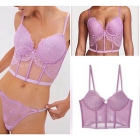 Victoria&rsquo;s Secret Very Sexy Push-Up Bustier Bra Lavender Lace Mesh Corset 32DD