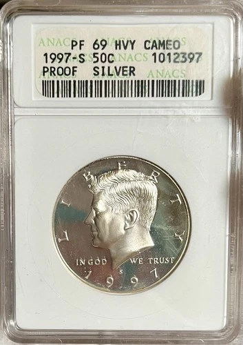 1997-S ANACS PF69 Heavy Cameo Silver Proof Kennedy Half Dollar. Soapbox Holder!
