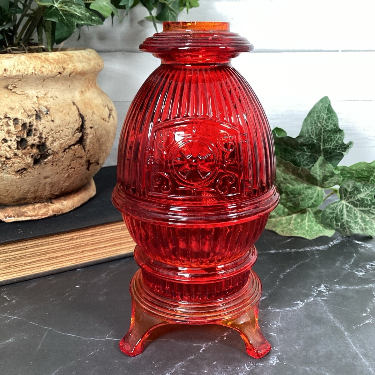 Viking Glass Red Amberina Potbelly Stove Fairy Lamp Original