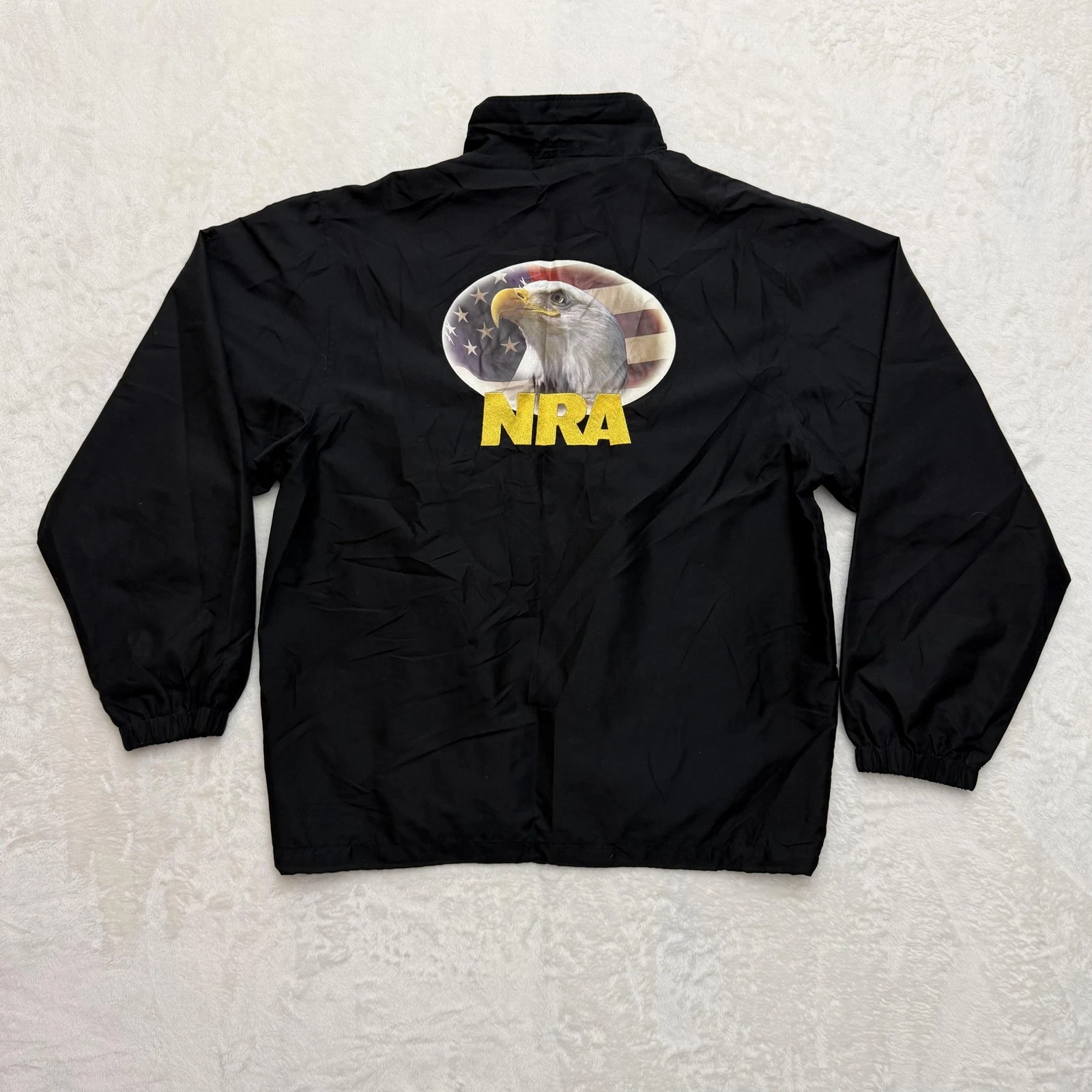 NRA Jacket Mens XL Black Full Zip Windbreaker Mesh Lined Eagle Flag Graphic Back