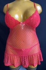 Debenhams Floozie Babydoll & String Set, Red Sheer Spot Mesh, UK 14, New Tags
